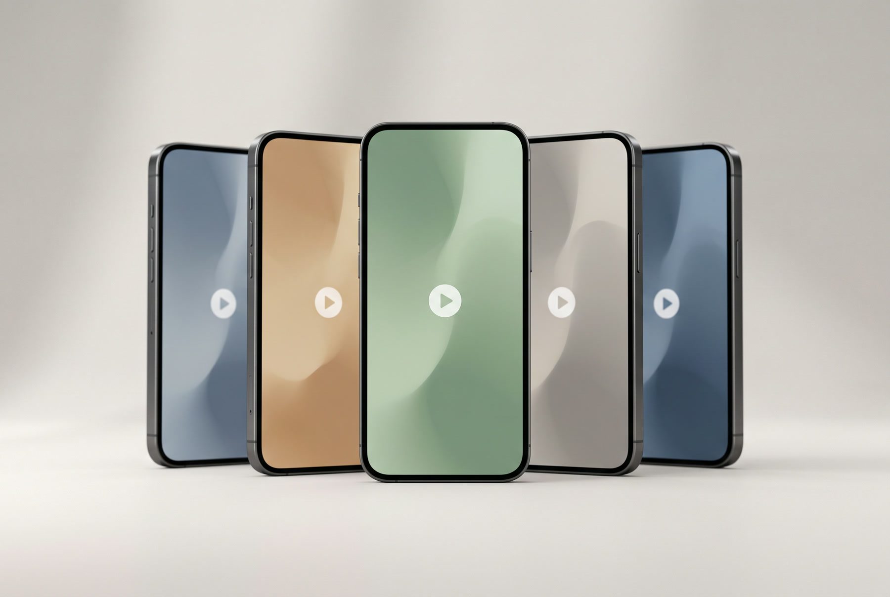 Cinco celulares lado a lado exibindo criativos em vídeo no formato vertical